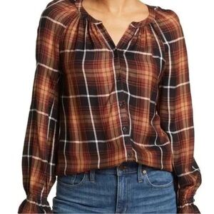 beach lunch lounge Brown Black Plaid Button Up Flannel Peasant Blouse